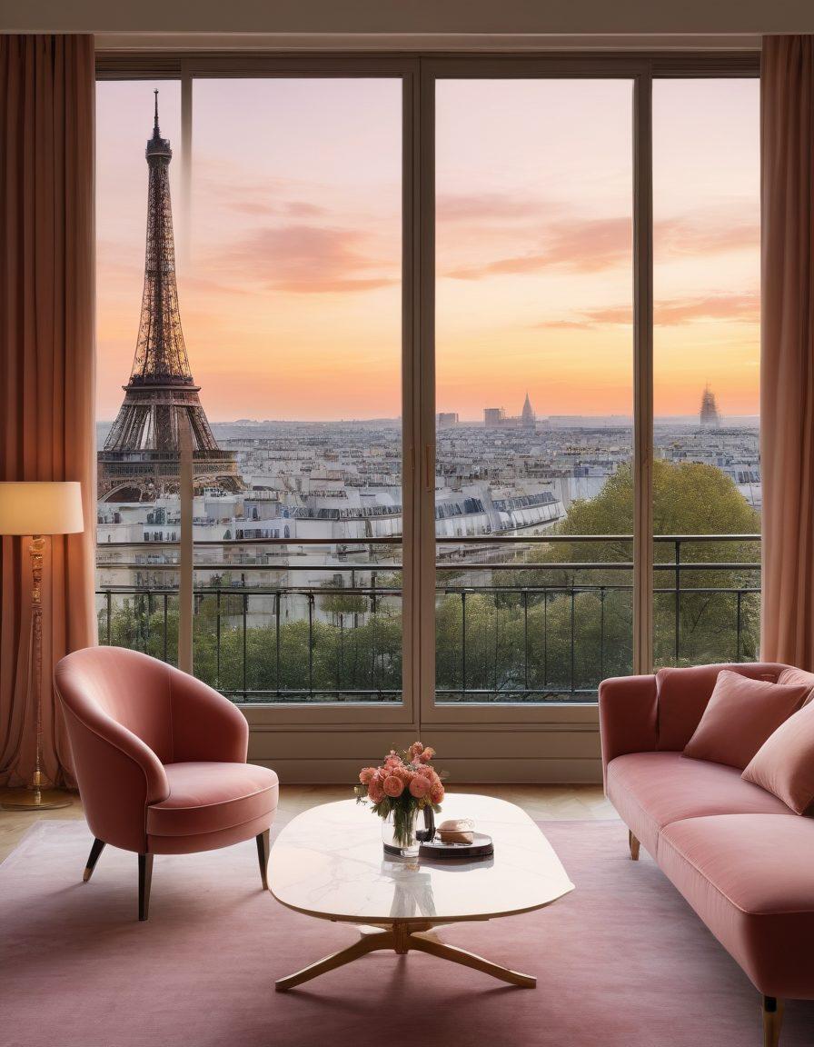 A stylish Parisian apartment interior, featuring elegant furniture and chic decor, with the Eiffel Tower visible through a window. Incorporate elements of sophistication like designer accessories and plush textures. The scene should evoke romance and charm of the City of Love. warm color palette, soft lighting, contemporary art pieces. super-realistic. vibrant colors.