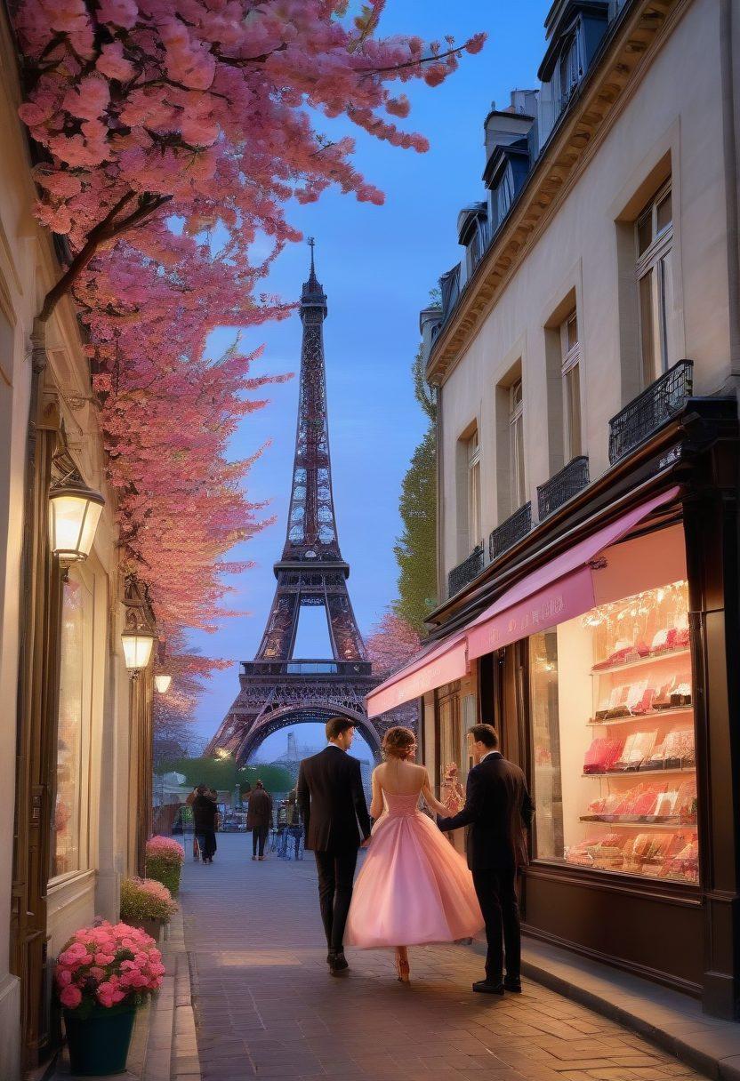A charming Parisian street scene featuring a couple exchanging romantic gifts, adorned with stylish fashion accessories. Iconic landmarks like the Eiffel Tower in the background, surrounded by blooming cherry blossoms and twinkling fairy lights. Emphasize warm, inviting colors to evoke romance, with soft, dreamy lighting. Include hints of elegant boutiques showcasing luxurious accessories. painting. vibrant colors. whimsical atmosphere.